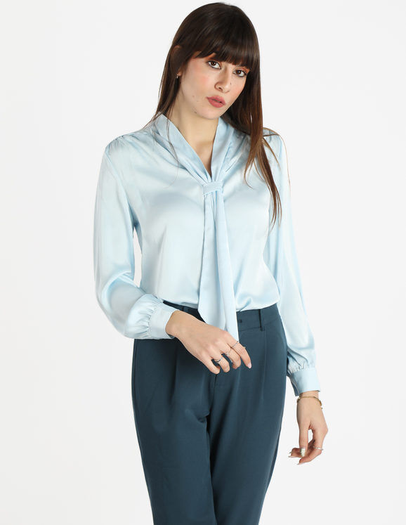 Sweet Camicetta donna effetto raso con cravattino Bluse donna Blu taglia XL