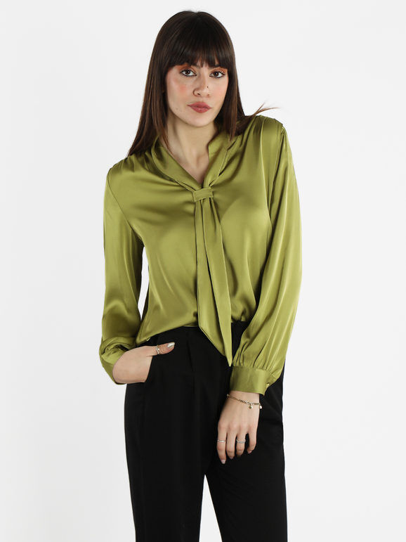 Sweet Camicetta donna effetto raso con cravattino Bluse donna Verde taglia S