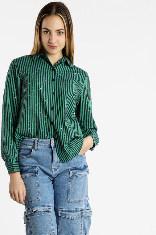 Monte Cervino Camicia da donna a righe con strass applicati Camicie Classiche donna Verde taglia S/M