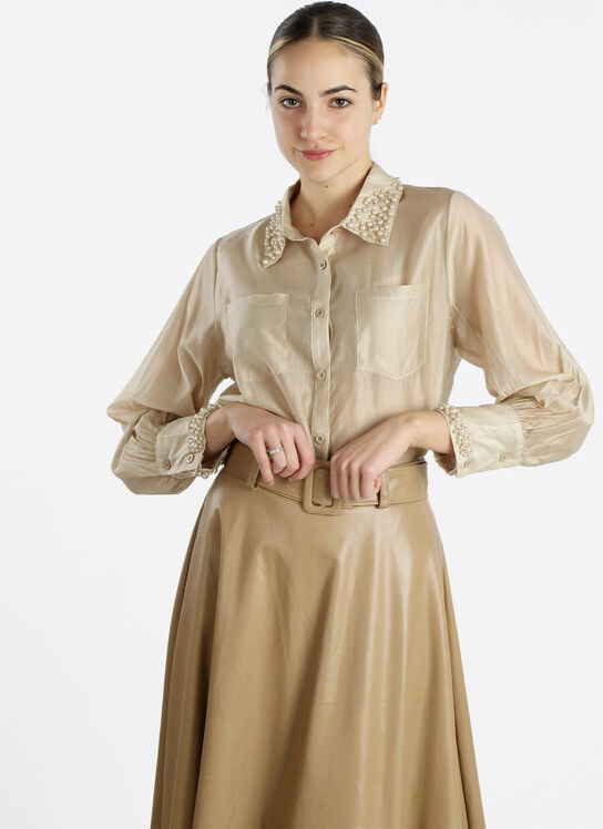 zayla Camicia donna a maniche lunghe con applicazioni di perle Camicie Classiche donna Beige taglia S/M