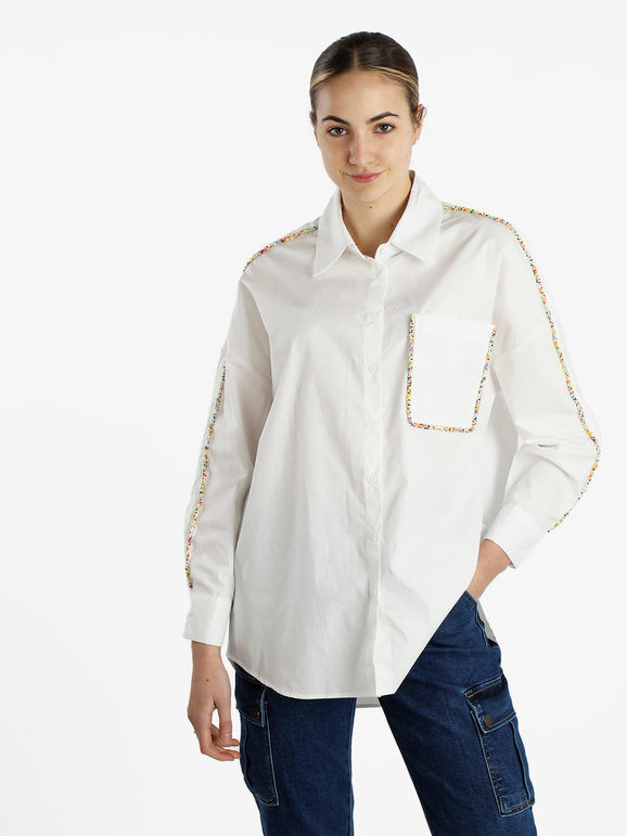 vicbee Camicia donna oversize in cotone con perline colorate Camicie Classiche donna Bianco taglia Unica