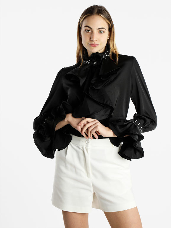 Azaka Camicia elegante da donna effetto raso con perle e strass Camicie Classiche donna Nero taglia Unica