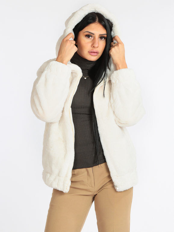 Airisa Giacca in ecopelliccia con cappuccio Cappotto Classico donna Bianco taglia M