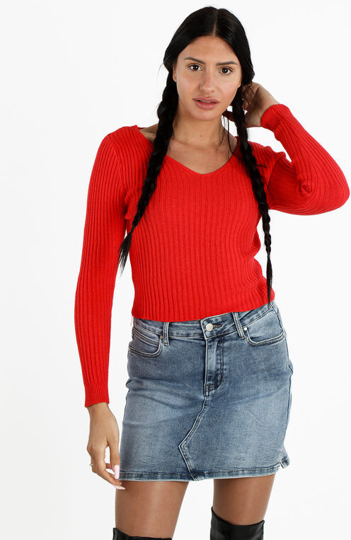 Solada Maglia corta da donna a coste scollo V Pullover donna Rosso taglia Unica