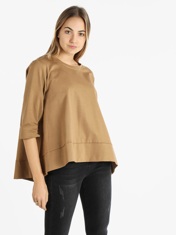 158c Maglia donna oversize asimmetrica T-Shirt Manica Lunga donna Beige taglia Unica