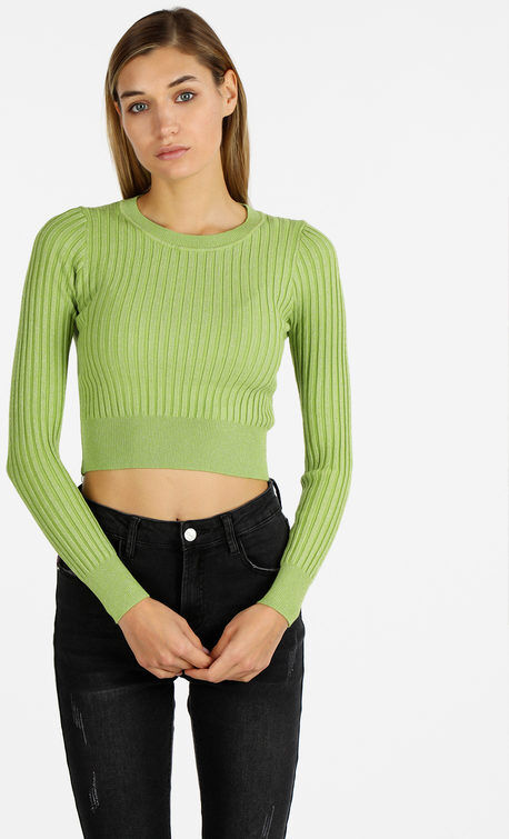 Solada Maglia girocollo donna cropped a costine Pullover donna Verde taglia L/XL