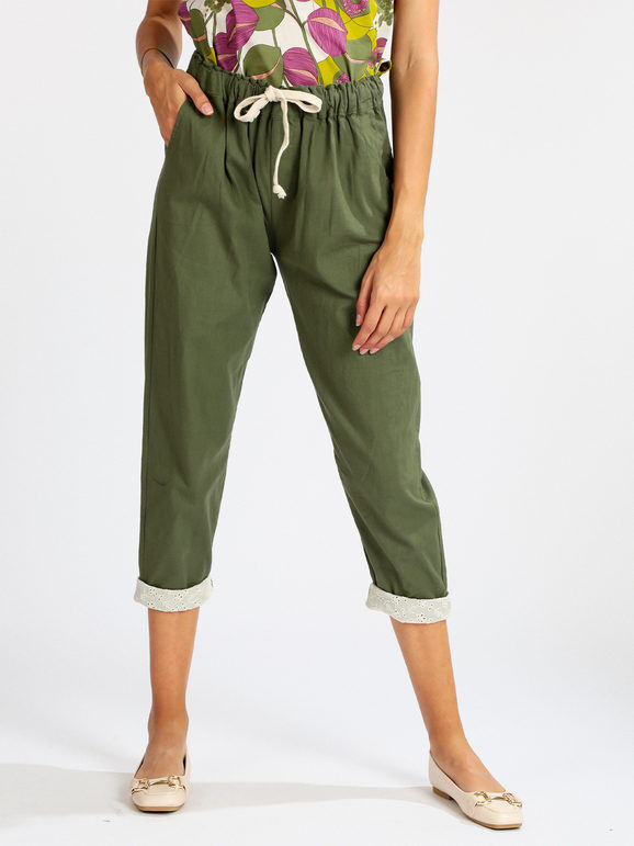 Solada Pantaloni donna misto lino e cotone con pizzo finale Pantaloni Casual donna Verde taglia Unica