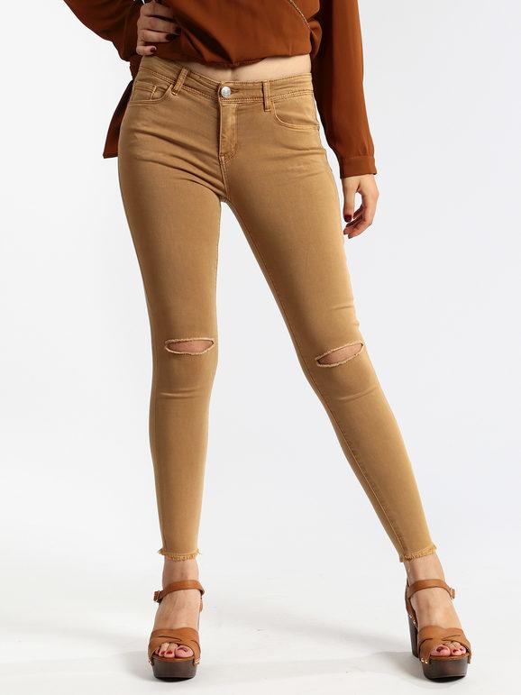 Kiss Pink Pantaloni skinny a sigaretta con strappi Pantaloni Casual donna Beige taglia M