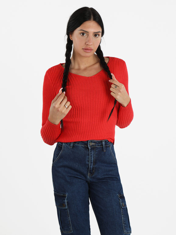 Solada Pullover donna in maglia a costine scollo V Pullover donna Rosso taglia Unica