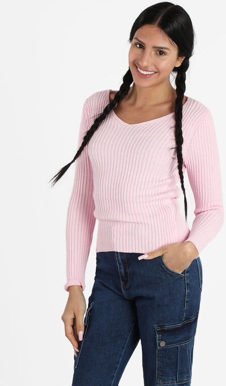 Solada Pullover donna in maglia a costine scollo V Pullover donna Rosa taglia Unica