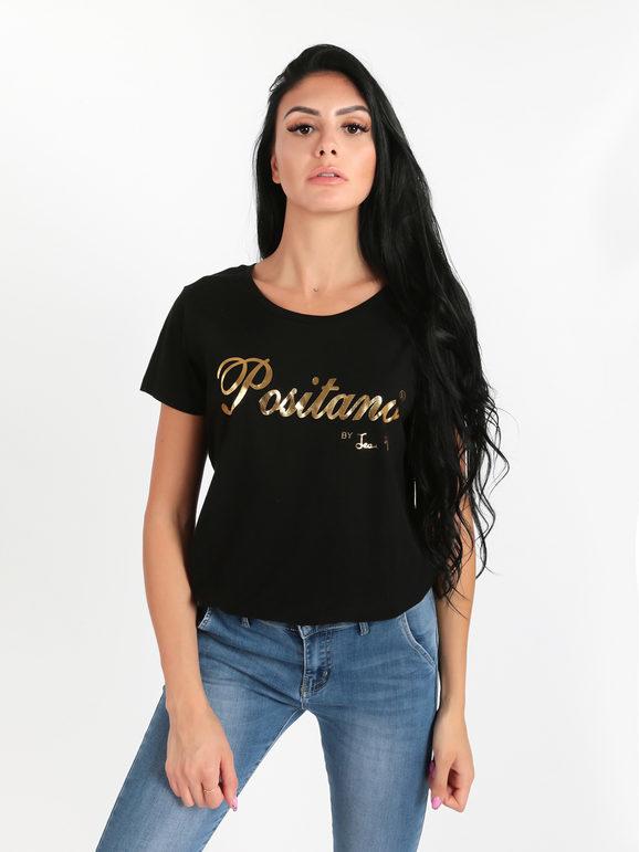 Positano T-shirt in cotone con scritta oro T-Shirt Manica Corta donna Nero taglia M