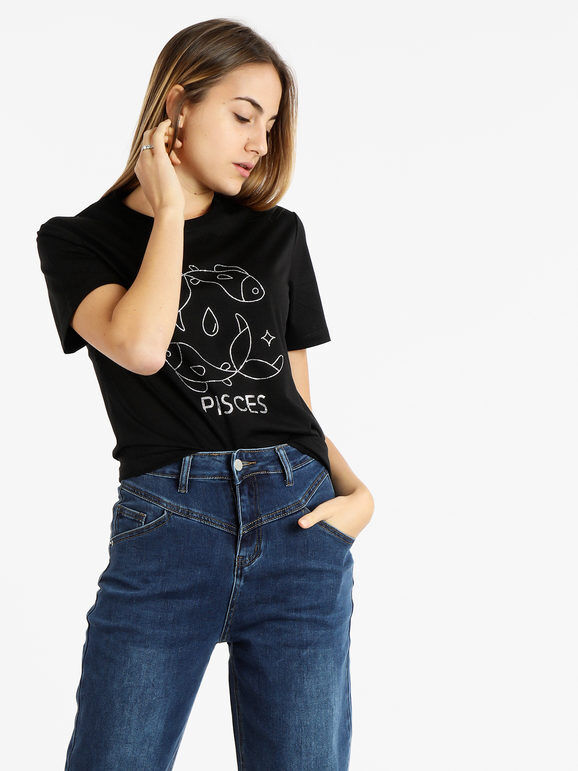 Solada T-shirt manica corta donna segno zodiacale Pesci T-Shirt Manica Corta donna Nero taglia L