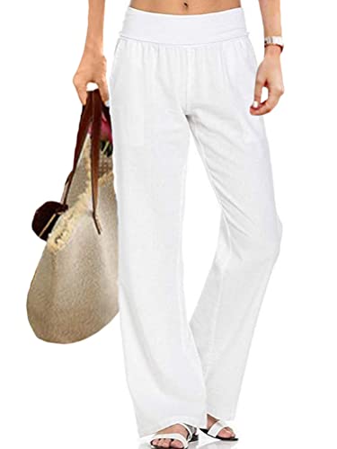 ORANDESIGNE Donna Pantaloni Larghi Lino Vita Alta Pantaloni Gamba Larga Estivi con Coulisse B Bianco S