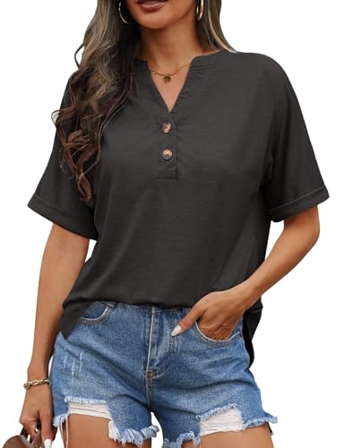 Niwicee T Shirt Donna Camicetta Manica Corta Magliette Donna Camicia Estiva Scollo V Classico Camicetta Traspirante Blusa Tops Traspirante Allentato Shirt Casual Camicia Manica Corta Bluse-Nero-M