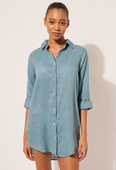 Calzedonia Abito Camicia in Lino Donna Azzurro S