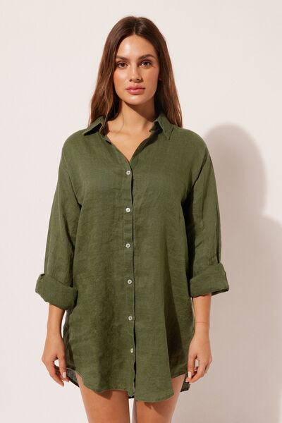 Calzedonia Abito Camicia in Lino Donna Verde M