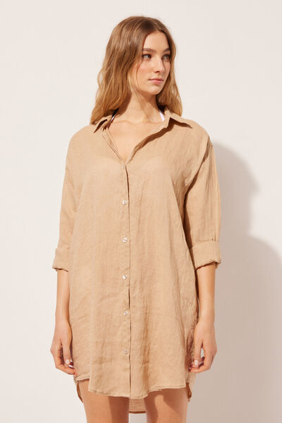 Calzedonia Abito Camicia in Lino Donna Naturale L