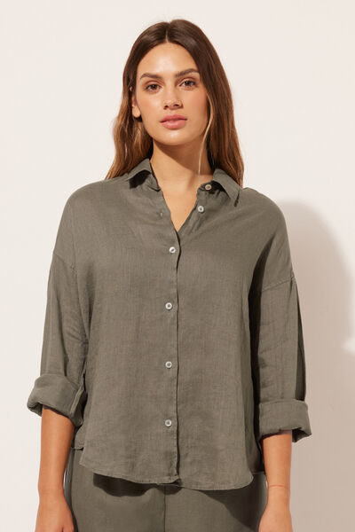 Calzedonia Camicia Corta in Lino Donna Verde L