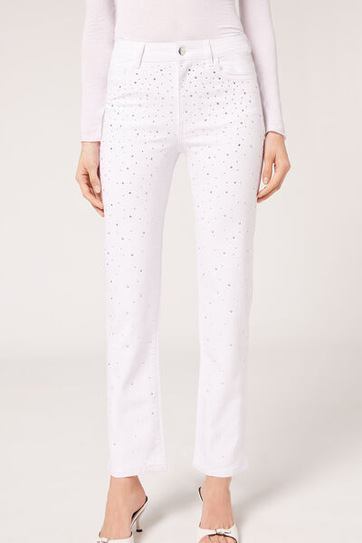 Calzedonia Jeans Elasticizzato con Strass Donna Bianco M