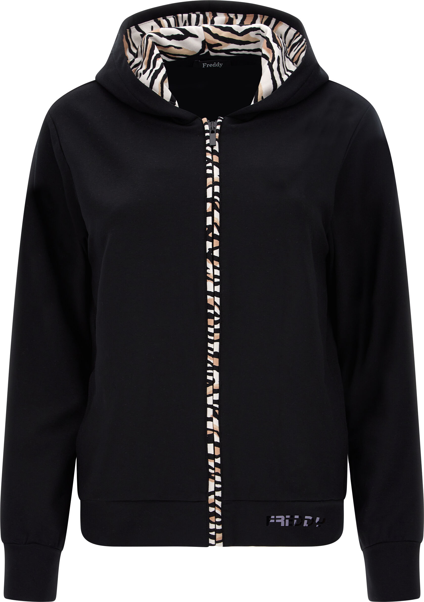 Freddy Felpa cappuccio e zip in viscosa con inserti tigrati Black Animalier Donna Extra Small