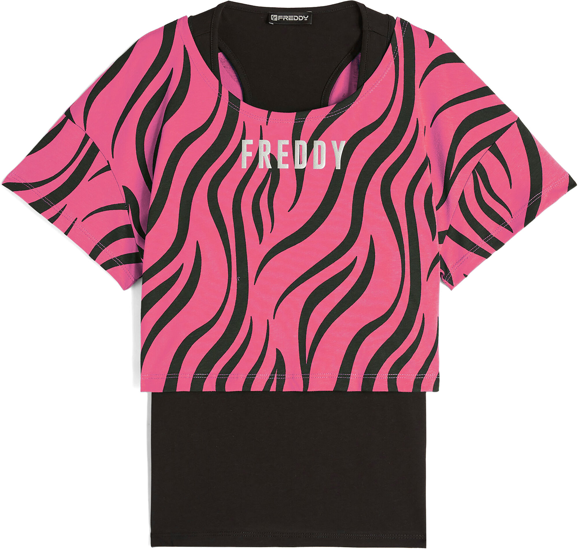 Freddy Set canotta+t-shirt cropped da donna con stampa zebrata Black-Zebra Black On Fuchsia Donna Extra Large