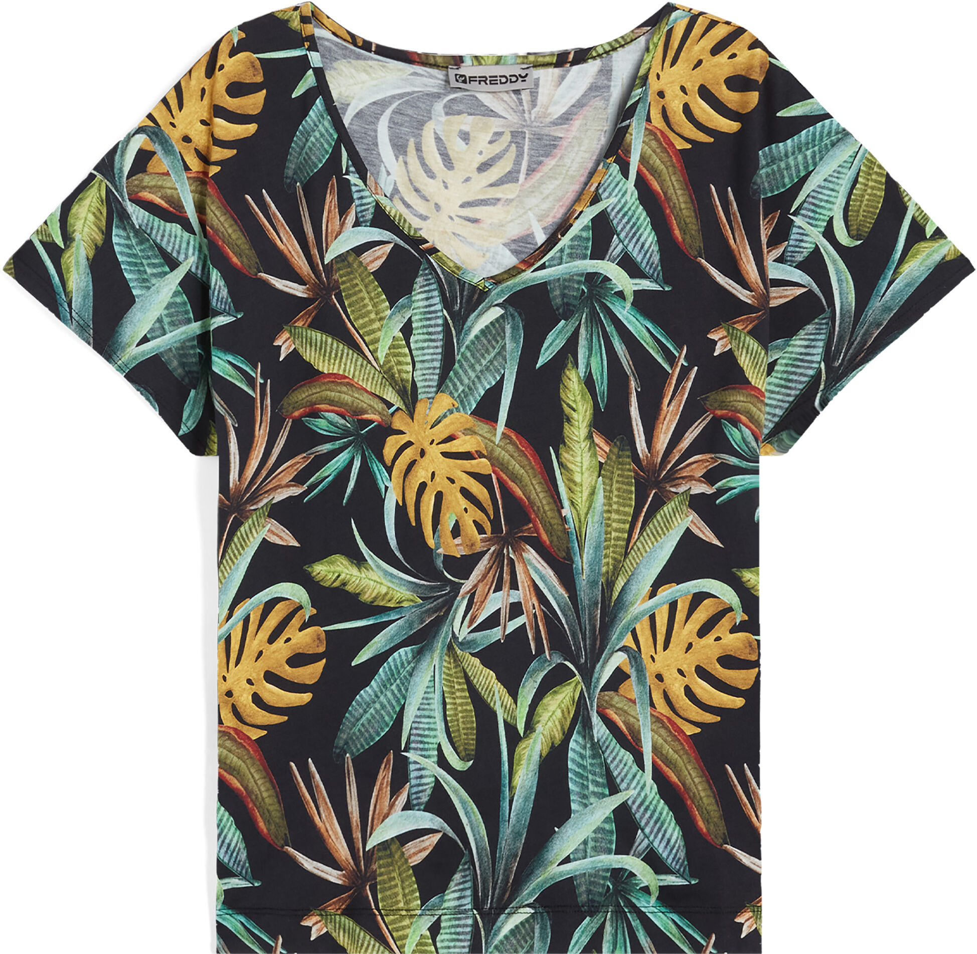 Freddy T-shirt scollo a V in jersey modal stampa tropical all over Black - Allover Flower Donna Extra Large