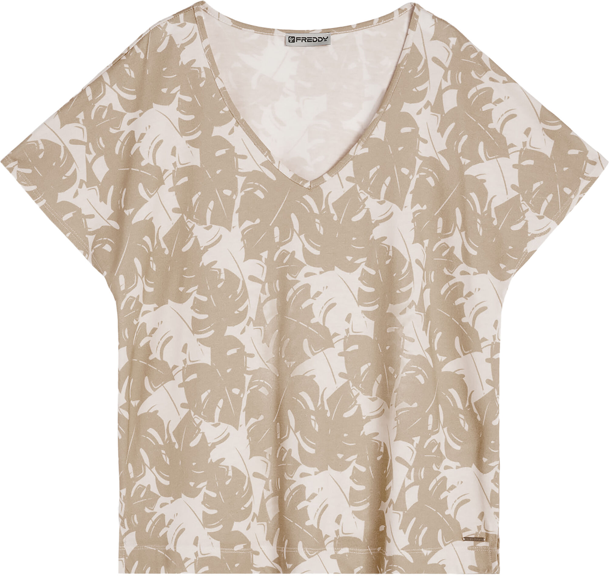 Freddy T-shirt scollo a V in jersey modal stampa tropical all over Beige And White Allover Flower Donna Extra Large