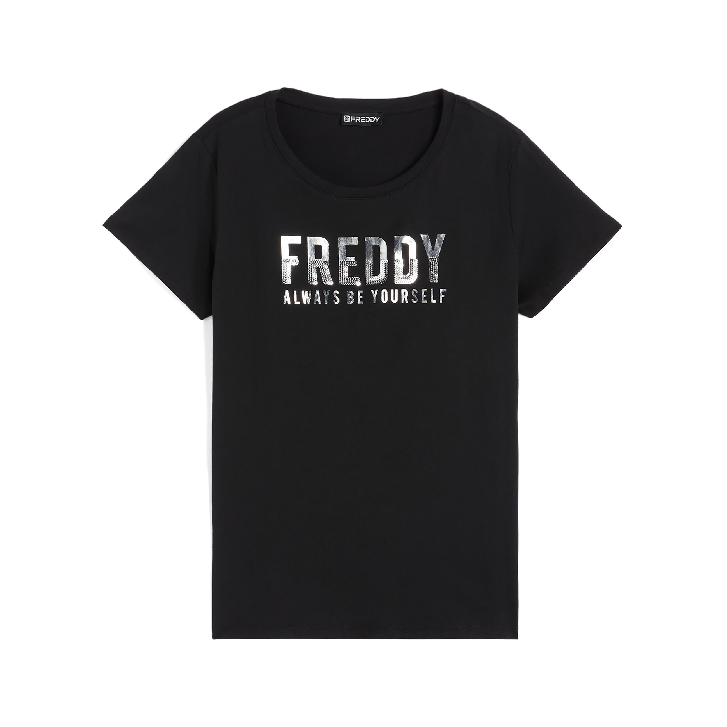 Freddy T-shirt donna in cotone pima con grafica oro e paillettes Nero Donna Extra Large