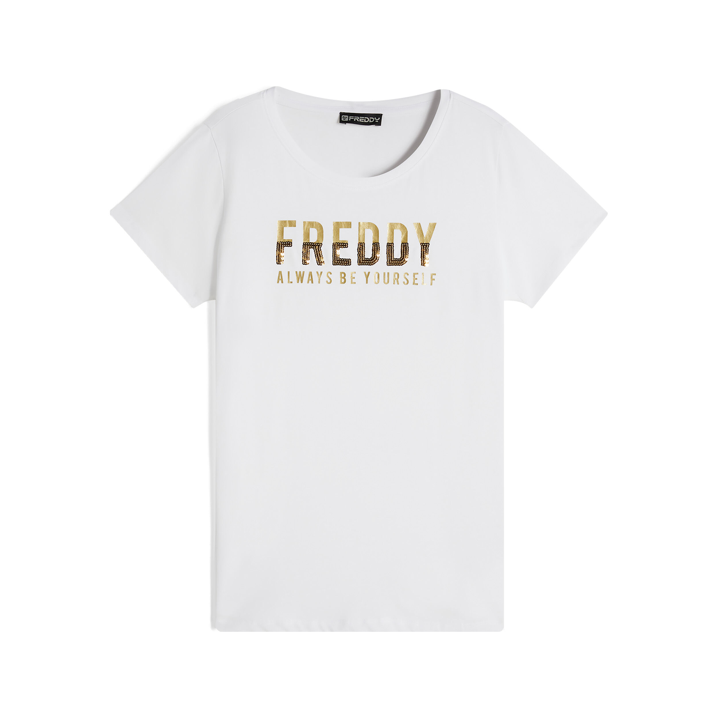 Freddy T-shirt donna in cotone pima con grafica oro e paillettes Bianco Donna Extra Small