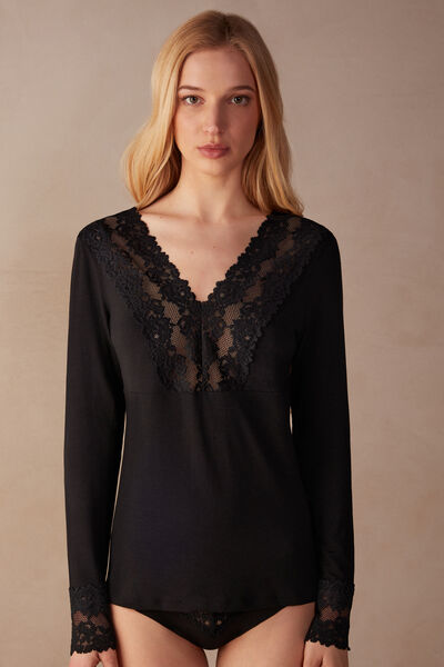 Intimissimi Maglia Manica Lunga Scollo a V Pretty Flowers Donna Nero Taglia M