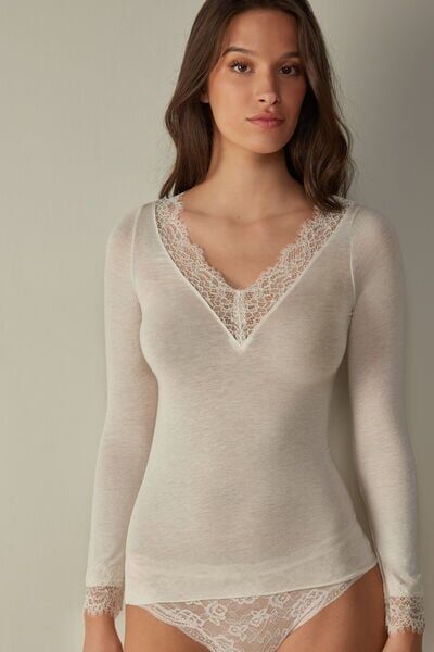 Intimissimi Maglia scollo a V in Modal Cashmere Ultralight e Pizzo Donna Avorio Taglia M