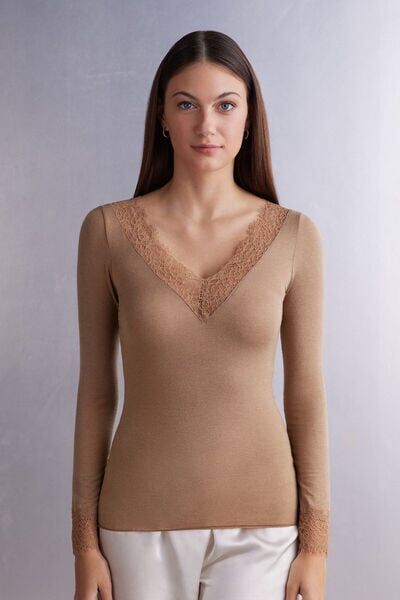 Intimissimi Maglia scollo a V in Modal Cashmere Ultralight e Pizzo Donna Marrone Taglia S