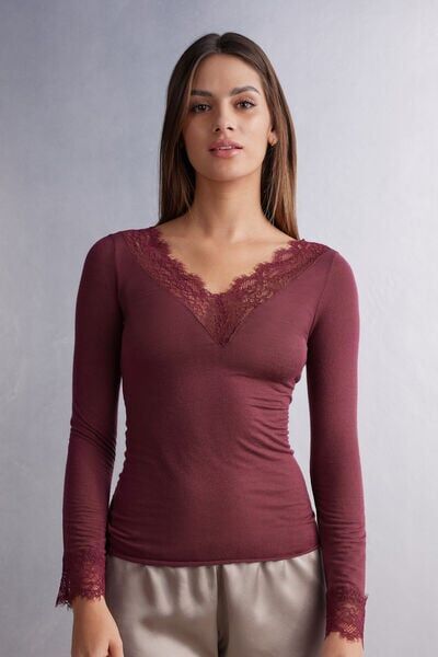 Intimissimi Maglia scollo a V in Modal Cashmere Ultralight e Pizzo Donna Bordeaux Taglia L