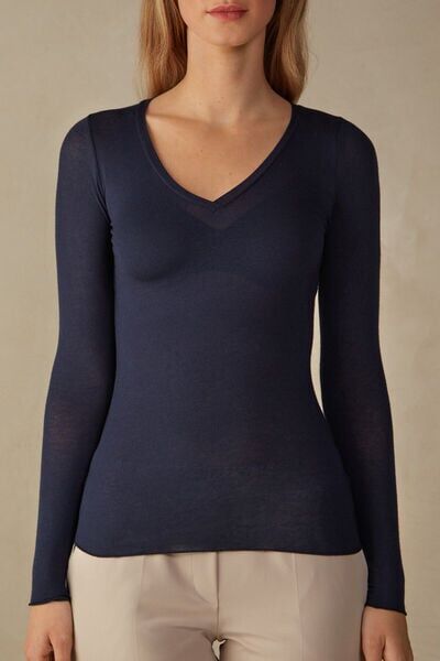 Intimissimi Maglia Scollo a V in Modal Ultralight con Cashmere Donna Blu Taglia L