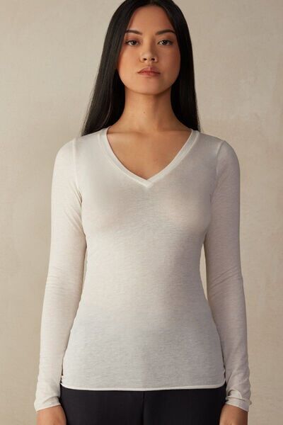 Intimissimi Maglia Scollo a V in Modal Ultralight con Cashmere Donna Avorio Taglia S