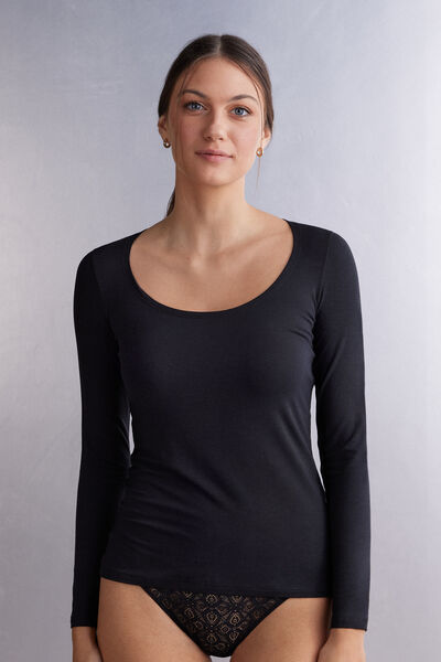 Intimissimi Maglia a Manica Lunga con Scollo a Madonna in Micromodal Donna Nero Taglia S