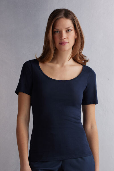 Intimissimi Maglia Manica Corta con Scollo a Madonna in Cotone Ultrafresh Donna Blu Taglia S