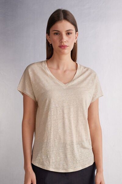 Intimissimi Maglia Manica Corta con Scollo a V in Lino Donna Naturale Taglia M