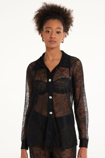 Tezenis Camicia Manica Lunga in Pizzo Last Night Lace Donna Nero Tamaño M