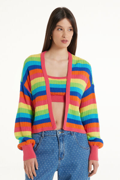 Tezenis Cardigan Corto Maniche Lunghe Righe Cotone Calato Donna Multicolore Tamaño M