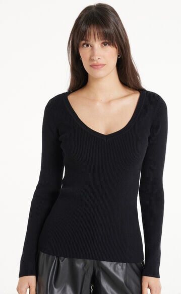 Tezenis Maglia Manica Lunga Scollo a V a Costine in 100% Cotone Donna Nero Tamaño L