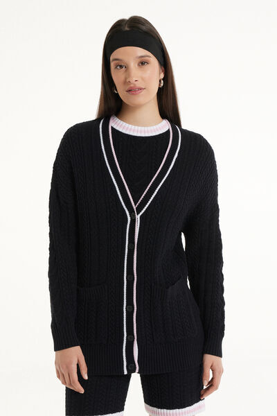 Tezenis Cardigan Lungo Manica Lunga Treccia con Tasche Donna Nero Tamaño M