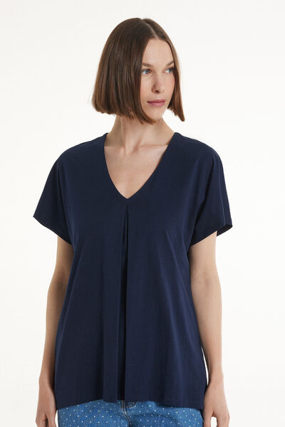 Tezenis T-Shirt Scollo a V con Pince in Cotone Donna Blu Tamaño M