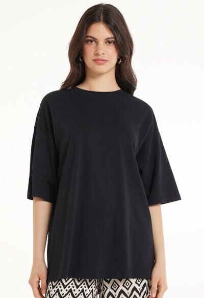 Tezenis T-Shirt a Girocollo Oversize in Cotone Donna Nero Tamaño L