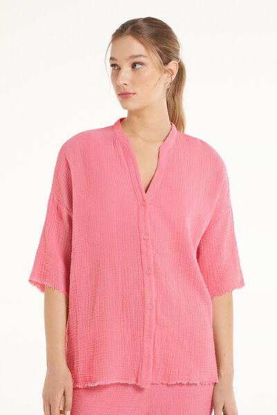 Tezenis Camicia Mezza Manica in Tela Goffrata Sfrangiata Donna Rosa Tamaño M