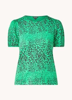 Whistles T-shirt met pofmouw en panterprint - Groen
