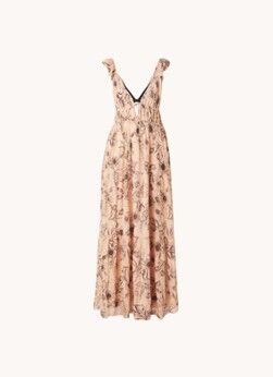 Reiss Peach gelaagde maxi jurk met bloemenprint en V-hals - Lichtroze