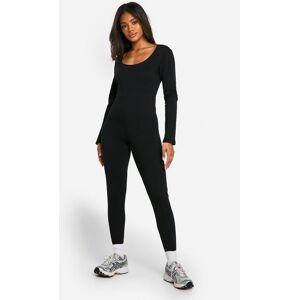 boohoo Basic Katoenen Unitard Jumpsuit Met Lage Ronde Hals En Lange Mouwen, Black 42