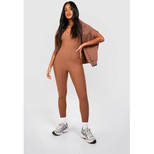 boohoo Matte Strakke Premium Jumpsuit Met Lage Ronde Hals, Mocha 42