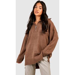 boohoo Petite Long Line Trui Met Korte Rits En Kraag Detail, Brown Extra Small